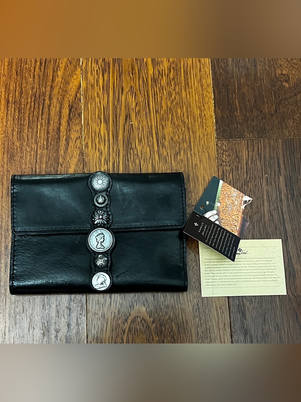 NWT Patricia Nash Black Leather Trifold Wallet — British Coin Concho Detail